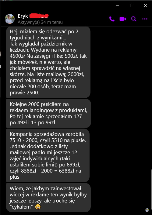 Wiadomość od Eryka z wynikami sprzedaży: kampania zarobiła 5510 zł na plusie, a lista mailowa dołożyła 6388 zł